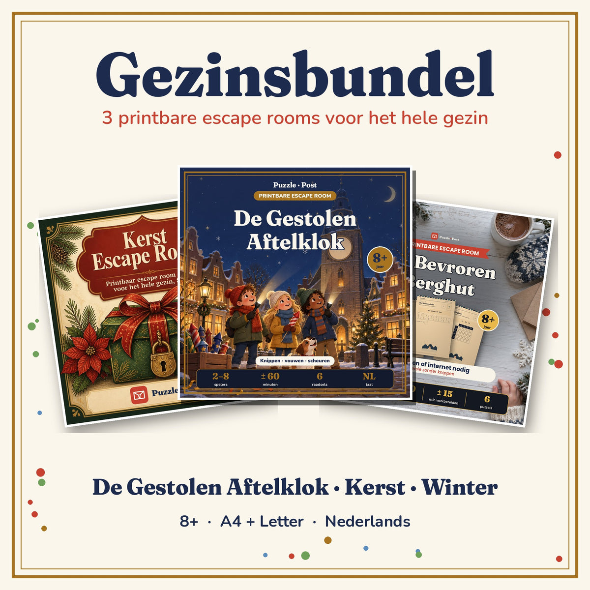 Gezinsbundel van Puzzle Post – omslagen van De Gestolen Aftelklok, Kerst Escape Room en De Bevroren Berghut