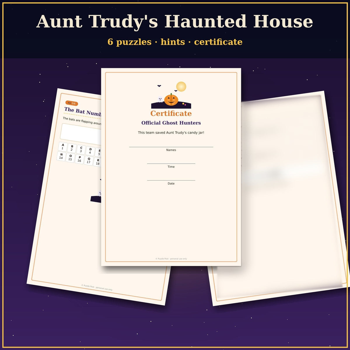 Puzzles, hint cards and certificate