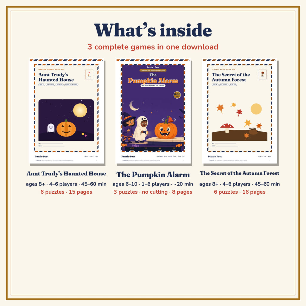 Halloween Bundle, English edition – what’s inside: 3 printable escape rooms with 15 puzzles in total, hints, answer keys and certificates