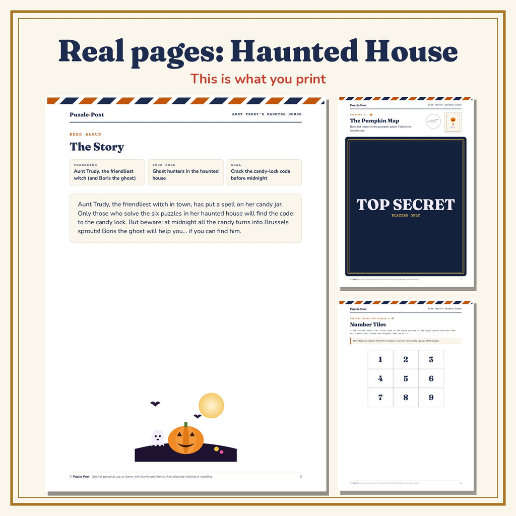 Halloween Bundle, English edition – real pages from Aunt Trudy’s Haunted House: the story, puzzle 1 (The Pumpkin Map, playable part covered by a TOP SECRET label) and the number tiles