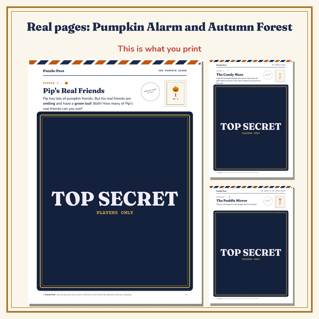 Halloween Bundle, English edition – real pages from The Pumpkin Alarm and The Secret of the Autumn Forest: Pip’s Real Friends, The Candy Maze and The Puddle Mirror, with the playable part covered by a TOP SECRET label