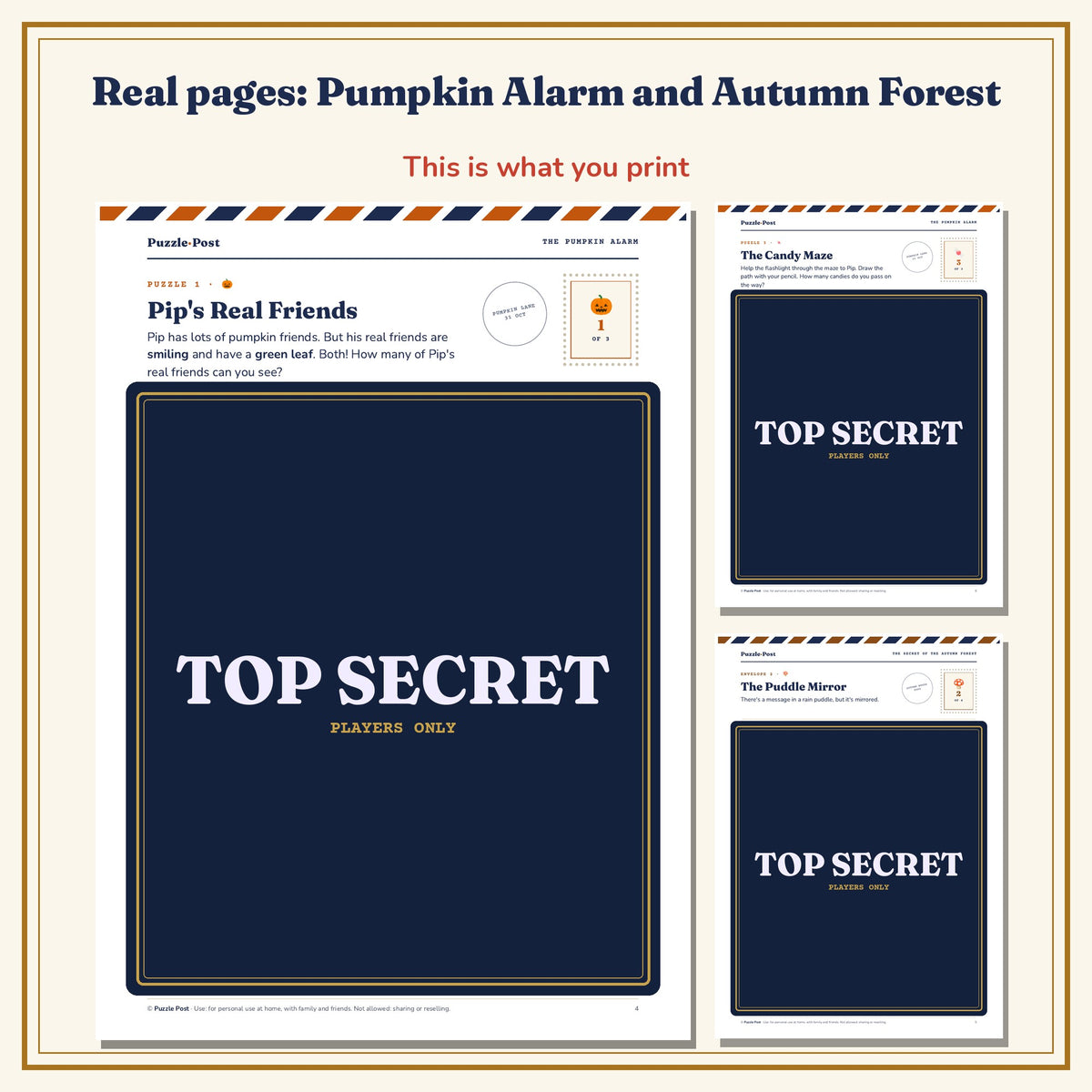 Halloween Bundle, English edition – real pages from The Pumpkin Alarm and The Secret of the Autumn Forest: Pip’s Real Friends, The Candy Maze and The Puddle Mirror, with the playable part covered by a TOP SECRET label