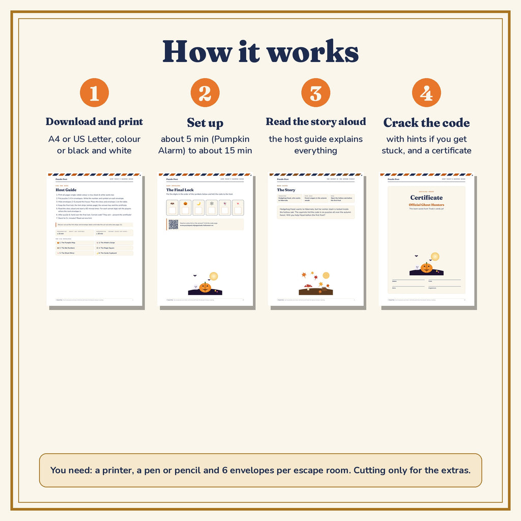 Halloween Bundle, English edition – how it works: download and print, set up in about 5 to 15 minutes, read the story and crack the code