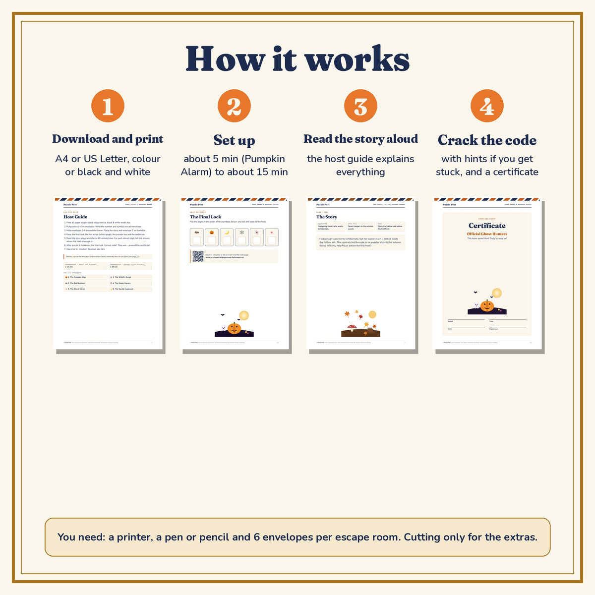 Halloween Bundle, English edition – how it works: download and print, set up in about 5 to 15 minutes, read the story and crack the code