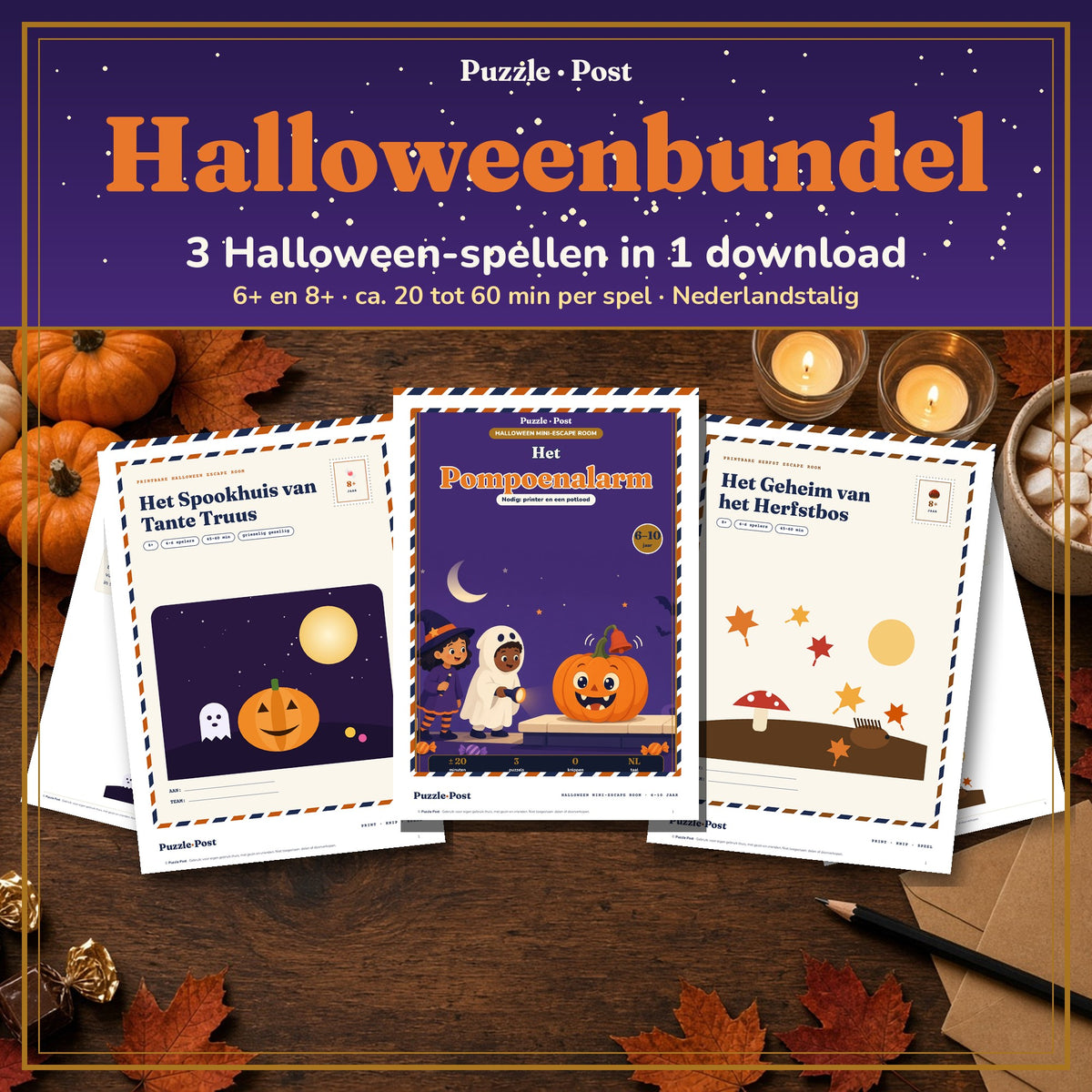 Halloweenbundel van Puzzle Post – omslagen van Het Spookhuis van Tante Truus, Het Pompoenalarm en Het Geheim van het Herfstbos