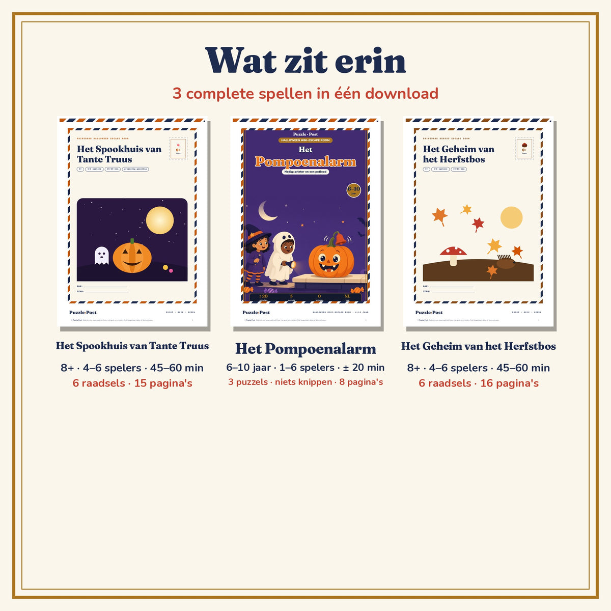 Wat zit er in de Halloweenbundel – 3 printbare escape rooms met samen 15 raadsels, hints, antwoordsleutels en oorkondes