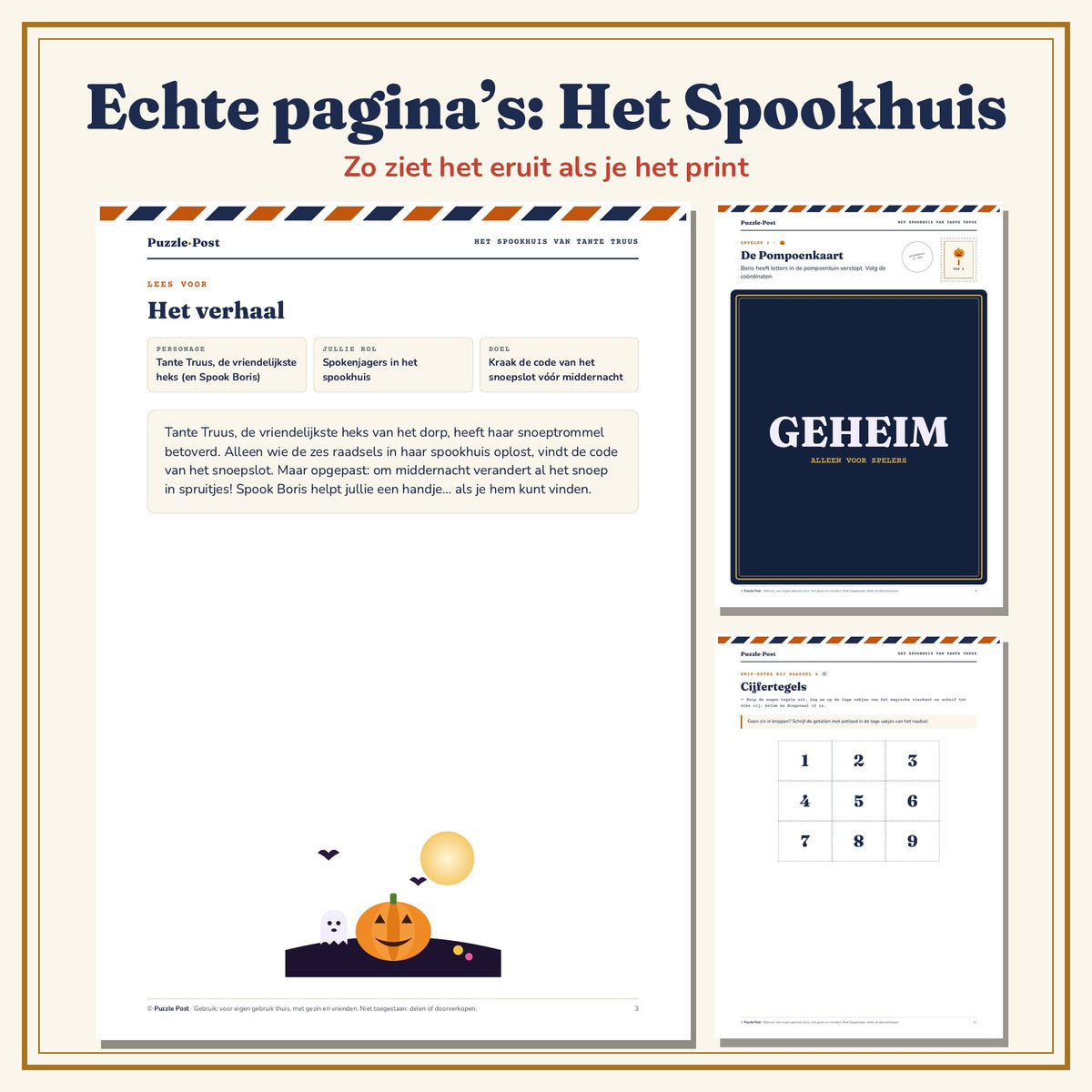 Echte pagina’s uit Het Spookhuis van Tante Truus – het verhaal, raadsel 1 (De Pompoenkaart, speelbaar deel afgedekt met een GEHEIM-label) en de cijfertegels