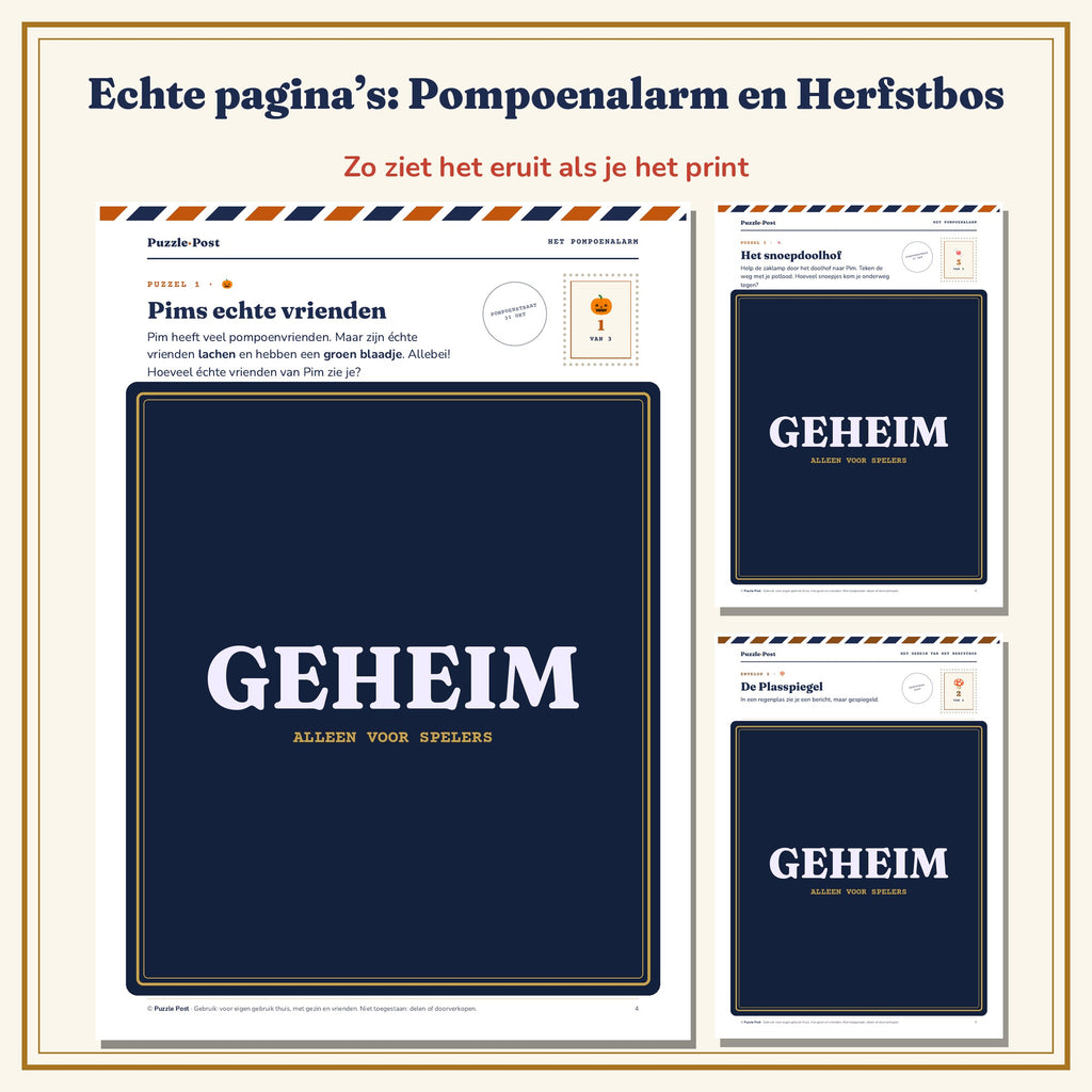 Echte pagina’s uit Het Pompoenalarm en Het Geheim van het Herfstbos – Pims echte vrienden, Het snoepdoolhof en De Plasspiegel, met het speelbare deel afgedekt met een GEHEIM-label