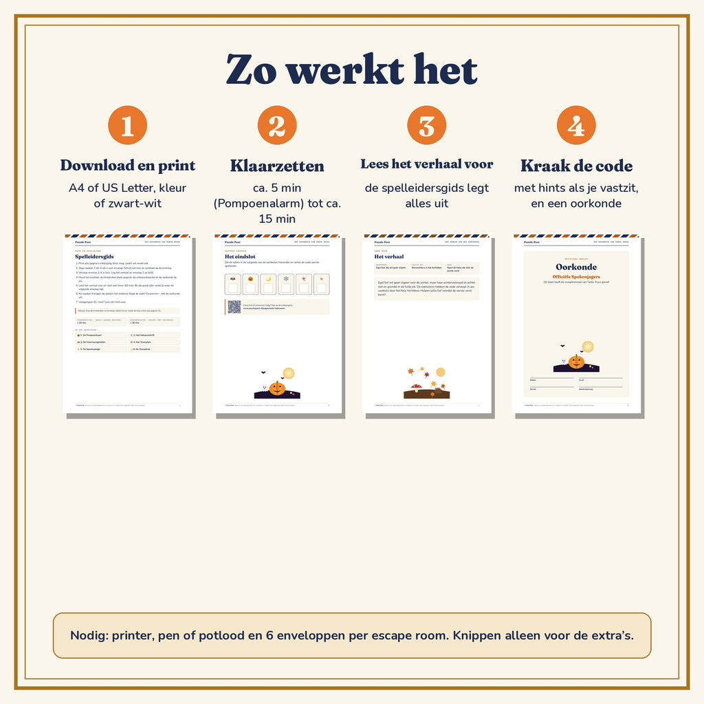 Zo werkt de Halloweenbundel – downloaden en printen, klaarzetten in ca. 5 tot 15 minuten, verhaal voorlezen en de code kraken