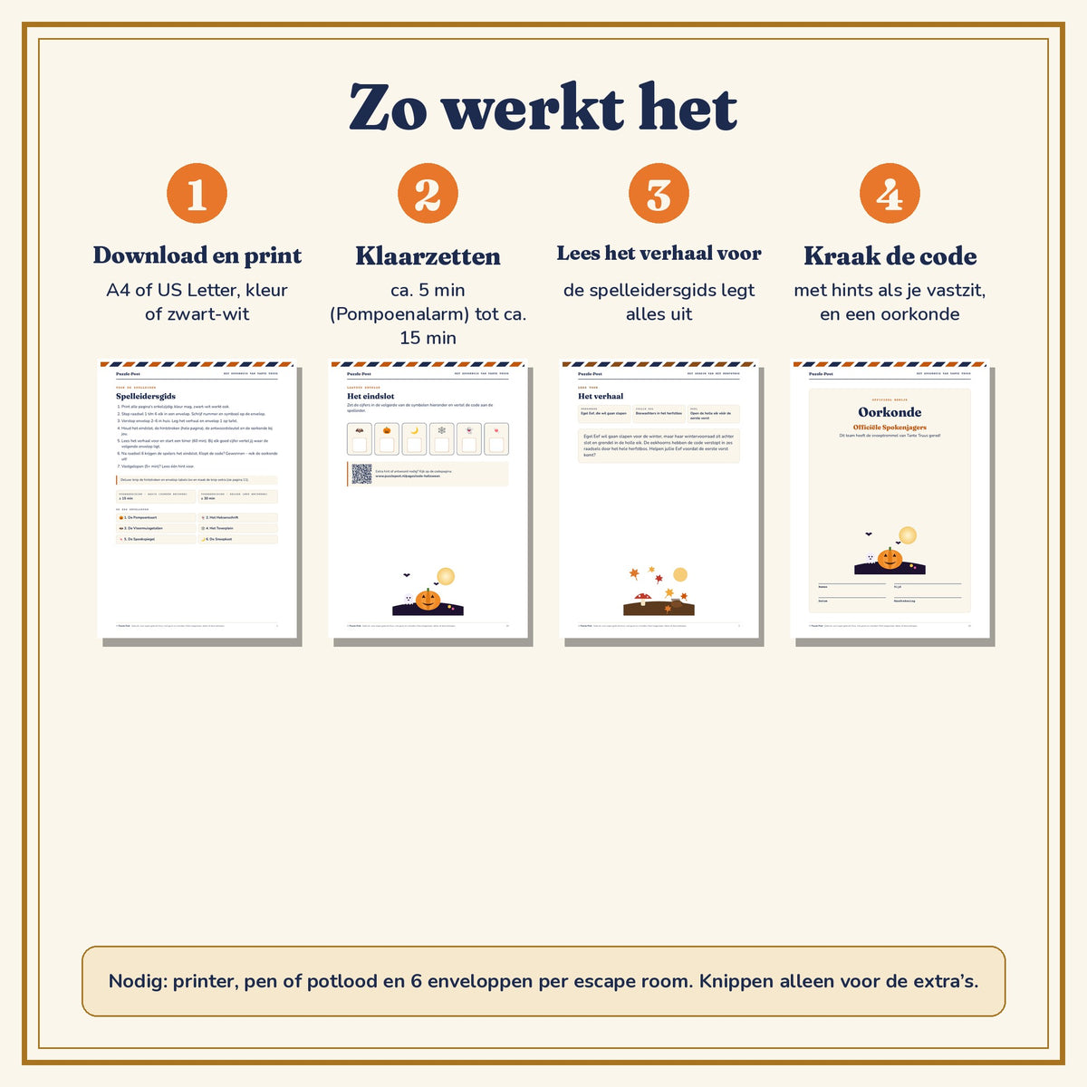 Zo werkt de Halloweenbundel – downloaden en printen, klaarzetten in ca. 5 tot 15 minuten, verhaal voorlezen en de code kraken