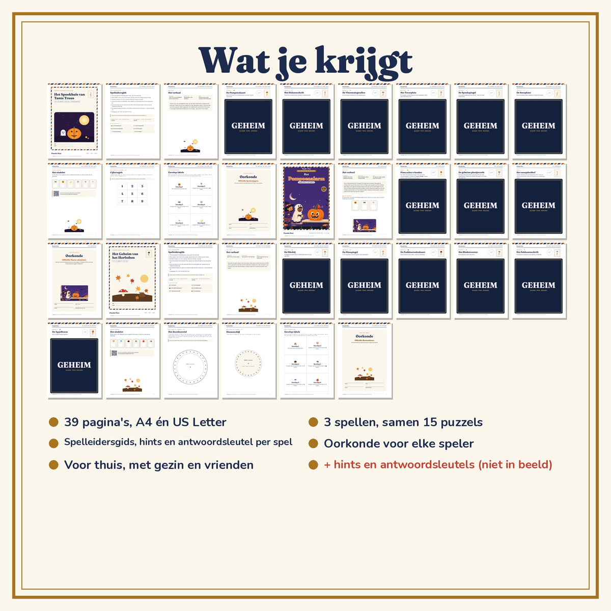Wat je krijgt bij de Halloweenbundel – 3 spellen van 15, 8 en 16 pagina’s in A4 en US Letter; de puzzelpagina’s zijn afgedekt met een GEHEIM-label