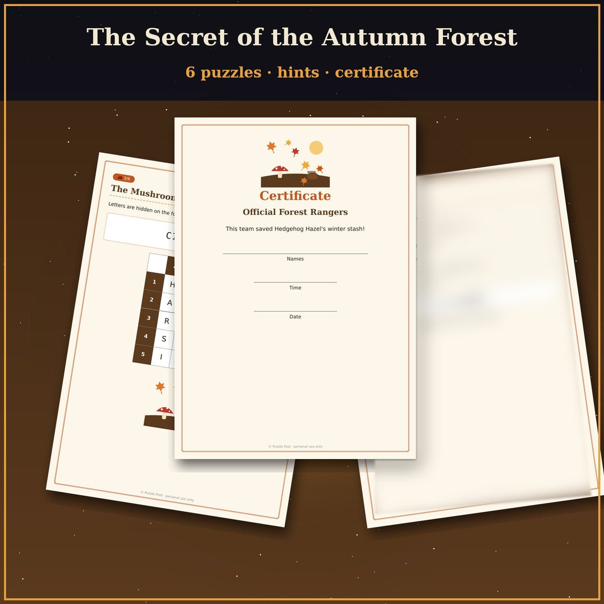 Puzzles, hint cards and certificate