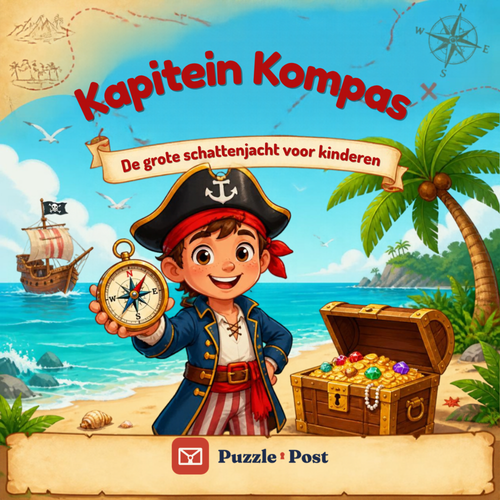 Kapitein Kompas – printbare schattenjacht voor kinderen, omslag met piraatje, kompas en schatkist