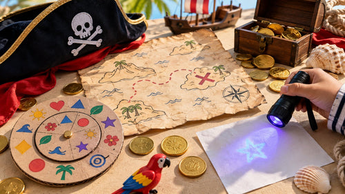 Captain Compass – mood image: treasure map, pirate hat, treasure chest and gold coins on a table