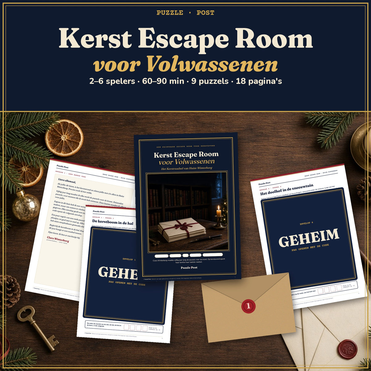 Kerst Escape Room voor Volwassenen: Het Kerstraadsel van Huize Winterberg – flat lay van echte geprinte pagina's: Clara's brief, de cover en twee puzzelpagina's die deels zijn afgedekt met een GEHEIM-label, met enveloppen, sleutel, dennentakken en een kaars op een houten tafel; 2–6 spelers · 60–90 min · 9 puzzels · 18 pagina's