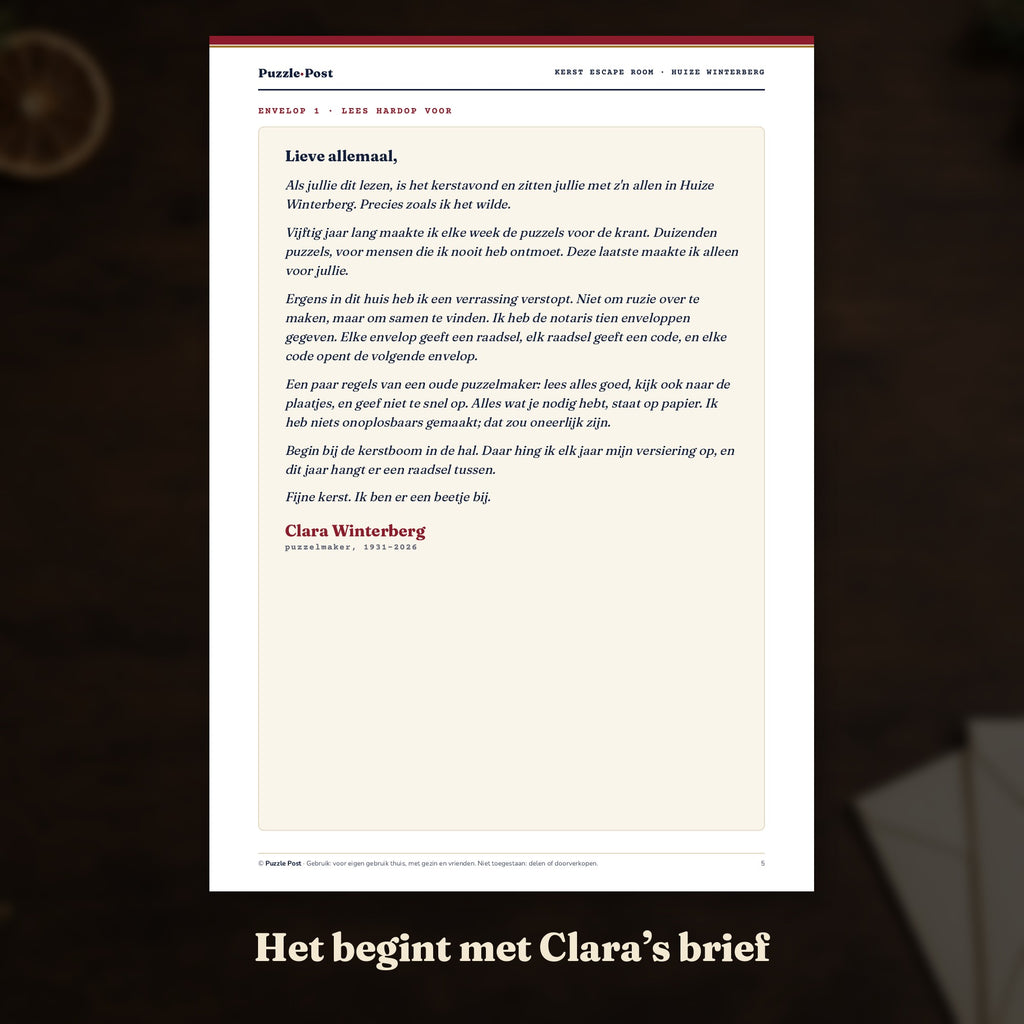 Het begint met Clara's brief: de openingspagina van Het Kerstraadsel van Huize Winterberg