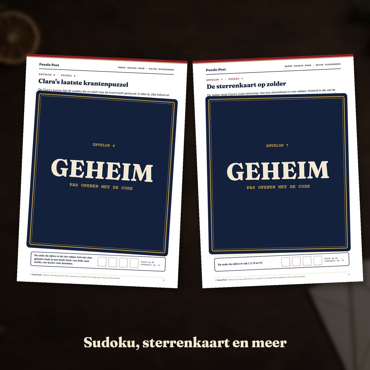 Sudoku, sterrenkaart en meer: de pagina's van Clara's laatste krantenpuzzel en de sterrenkaart op zolder, deels afgedekt met een GEHEIM-label