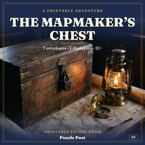 Engelse voorkant van De Kist van de Kaartenmaker (The Mapmaker’s Chest): oude kist met hangslot, brandende lantaarn en kompas op een zeekaart, 1 tot 6 spelers, 12+