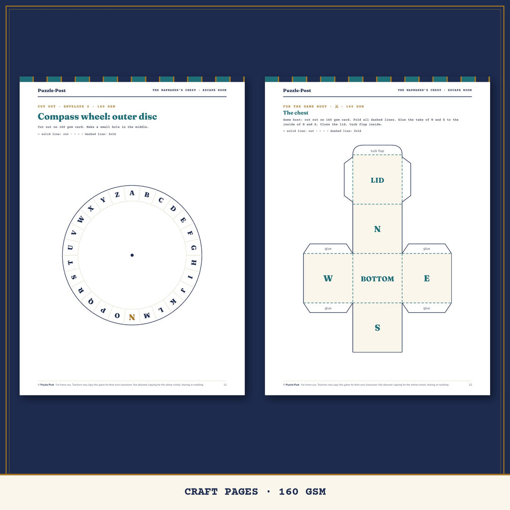 Craft pages of The Mapmaker’s Chest: outer disc of the compass wheel and the chest net to fold, print on 160 gsm card