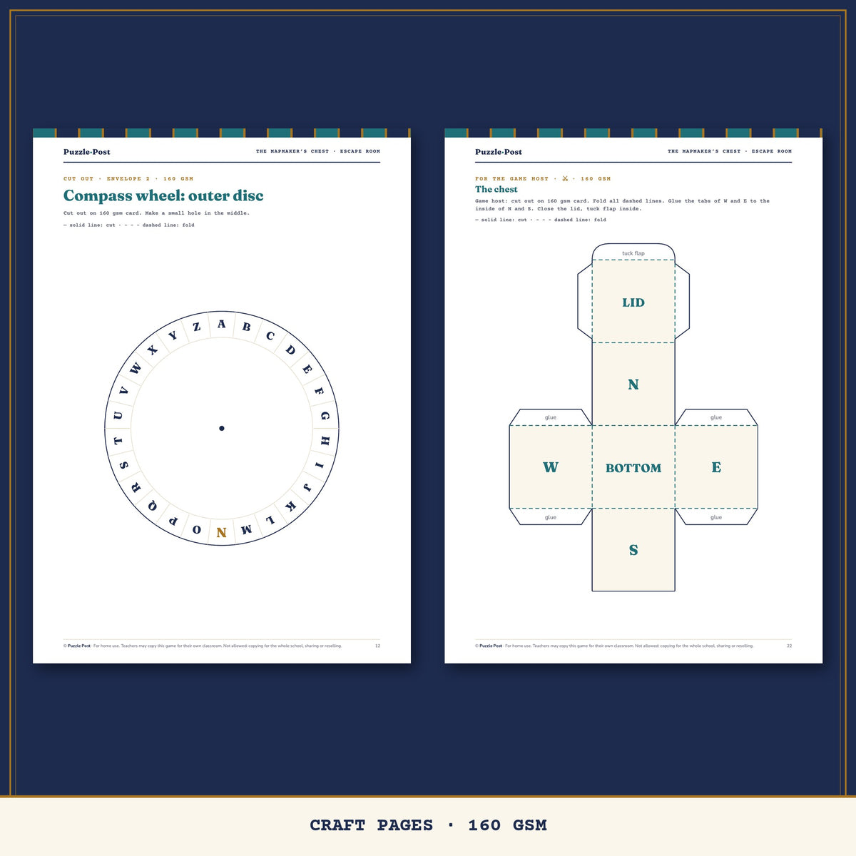 Craft pages of The Mapmaker’s Chest: outer disc of the compass wheel and the chest net to fold, print on 160 gsm card