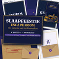 Dutch edition – Sleepover Escape Room: The Pillow Fort Secret – flat lay of printed pages on a starry duvet: the cover, the certificate, two numbered envelopes and puzzle pages covered by a GEHEIM (top secret) label; title and ages 8–12, 2–12 kids, 25 pages