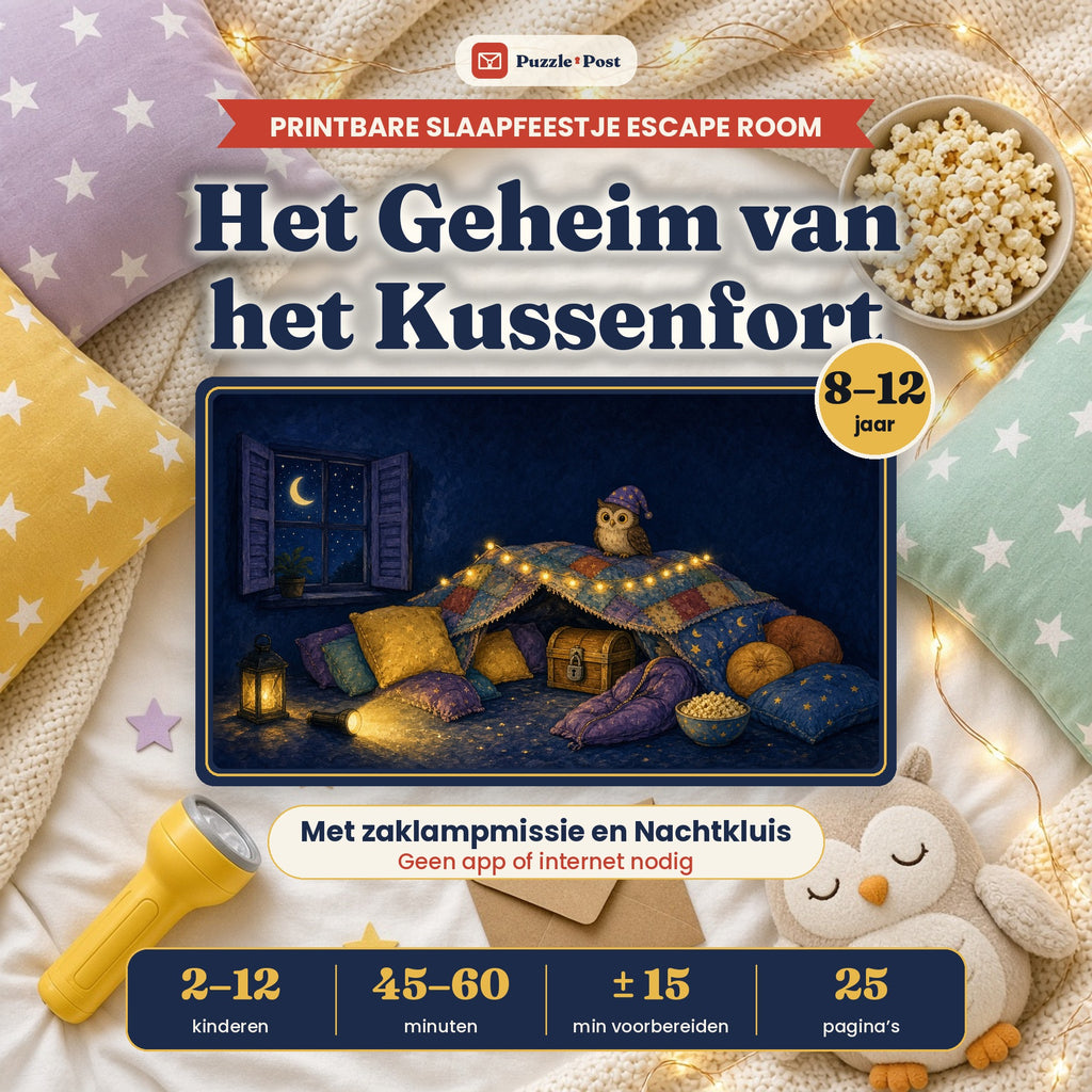Slaapfeestje Escape Room: Het Geheim van het Kussenfort – cover met de spelillustratie van het kussenfort met lichtjes en de Nachtuil, op een licht bed met sterrenkussens, zaklamp, popcorn en een knuffeluil; 2–12 kinderen, 8–12 jaar, 45–60 minuten, 25 pagina’s