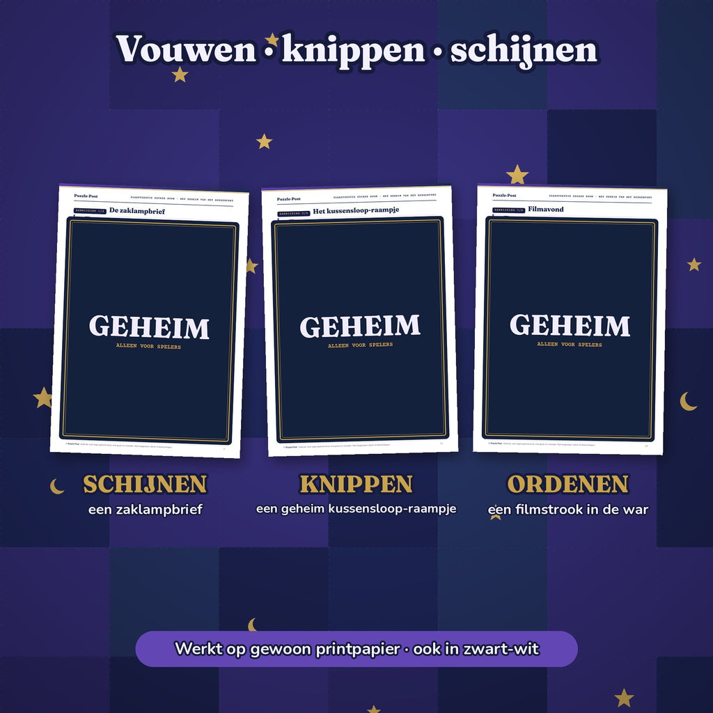 Dutch edition – Fold, cut and shine: the flashlight letter, the pillowcase window and the film strip, all three covered by a GEHEIM (top secret) label so nothing is given away
