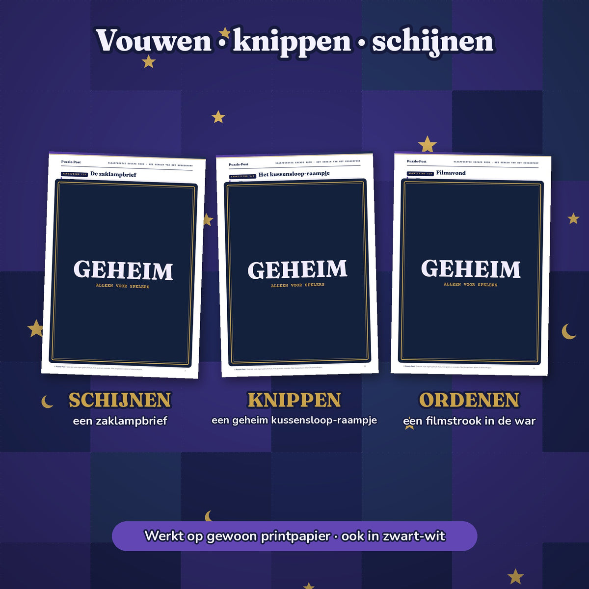 Dutch edition – Fold, cut and shine: the flashlight letter, the pillowcase window and the film strip, all three covered by a GEHEIM (top secret) label so nothing is given away