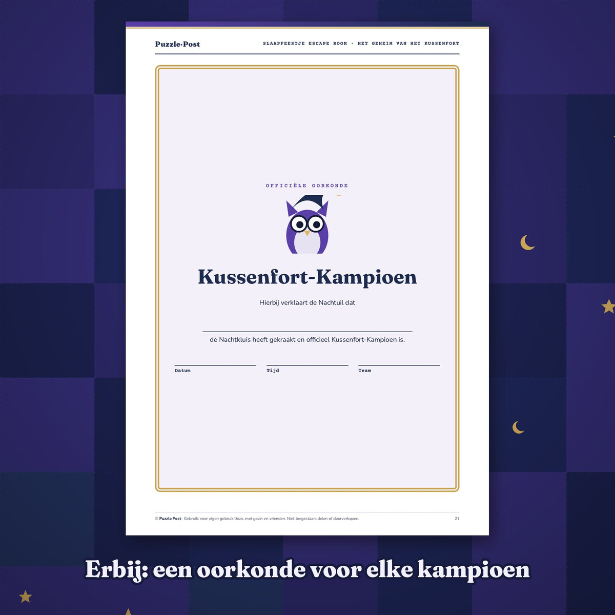 Dutch edition – Sample page: the Pillow Fort Champion certificate with a gold frame and fill-in lines