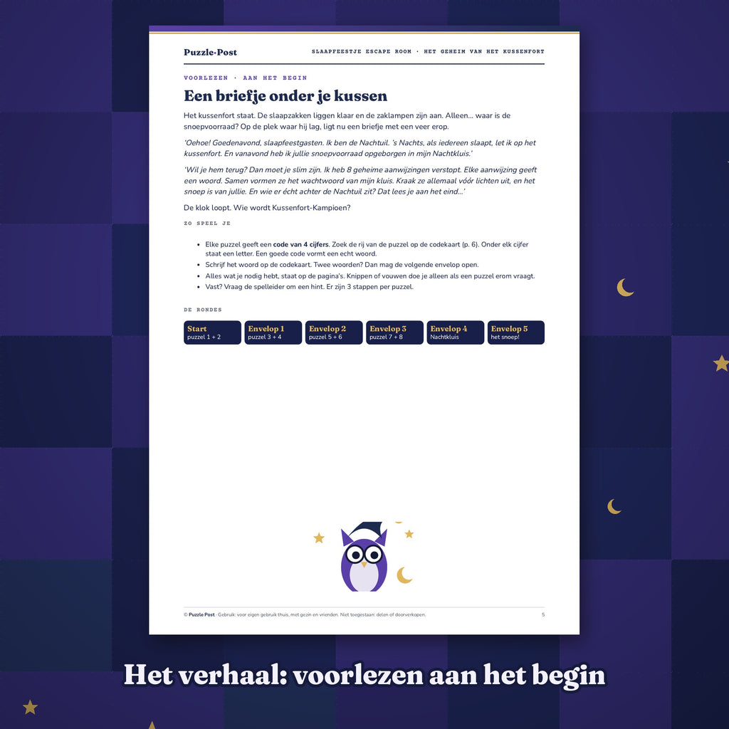 Dutch edition – Sample page: the Night Owl’s note to read aloud, with the rules and the rounds