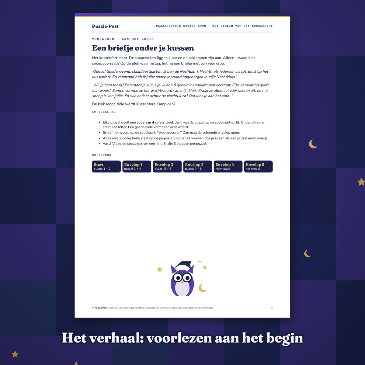 Dutch edition – Sample page: the Night Owl’s note to read aloud, with the rules and the rounds