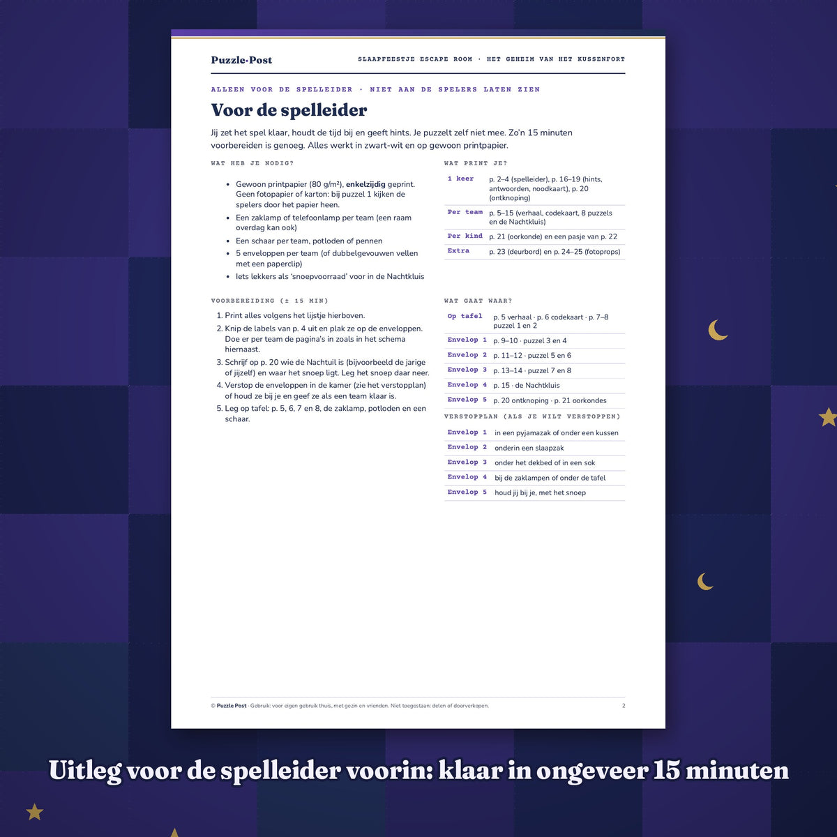 Dutch edition – Sample page: game host guide with print list, about 15 minutes of prep and a hiding plan