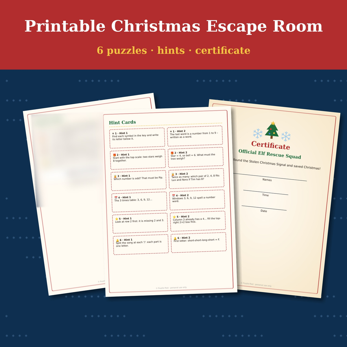 Answer key, certificate and hint cards