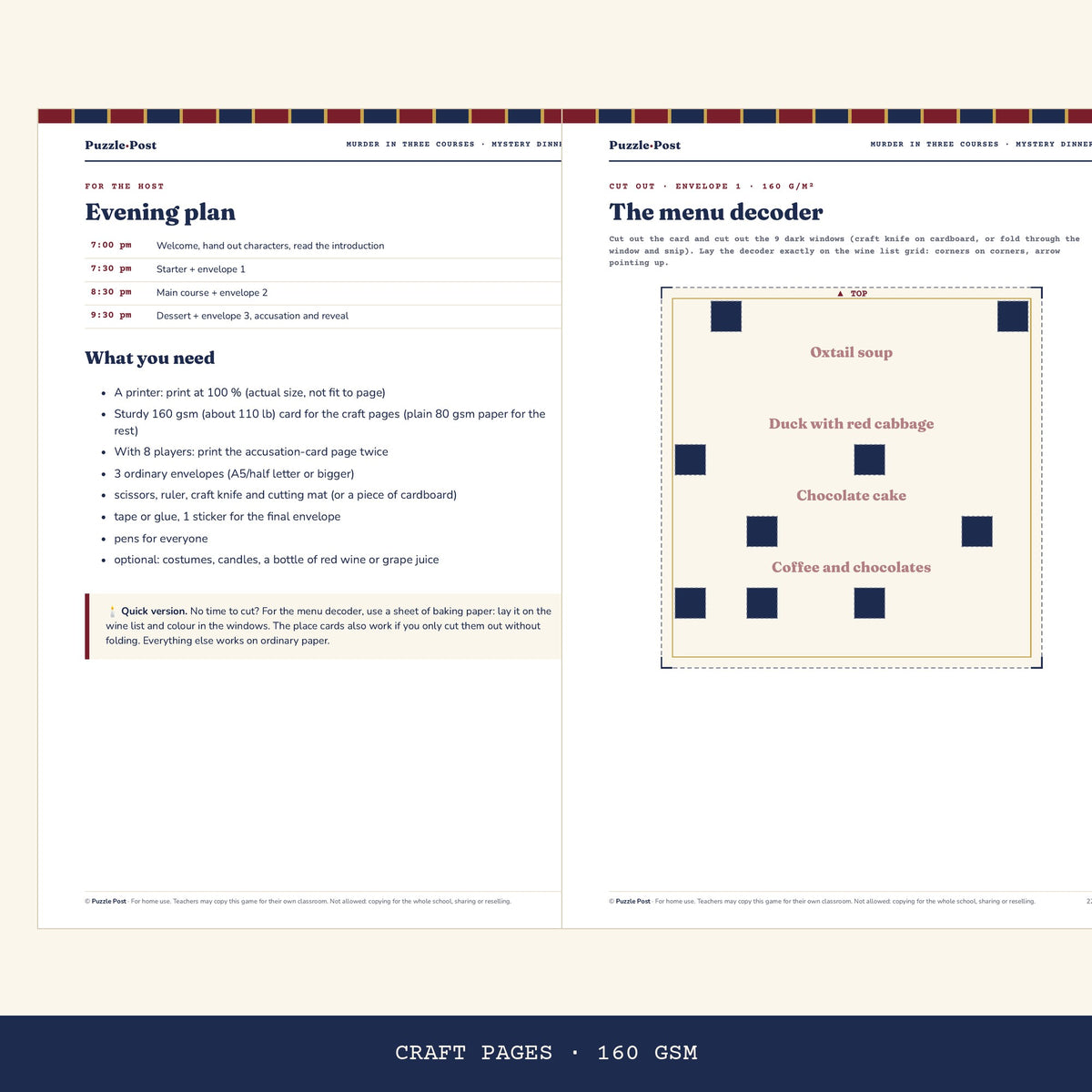 Craft pages of Murder in Three Courses: evening plan with supplies list and the menu decoder to cut out, print on 160 gsm card