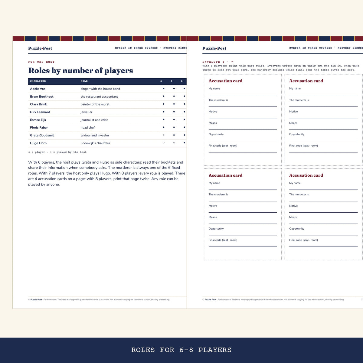 Role table for 6, 7 and 8 players and accusation cards from Murder in Three Courses