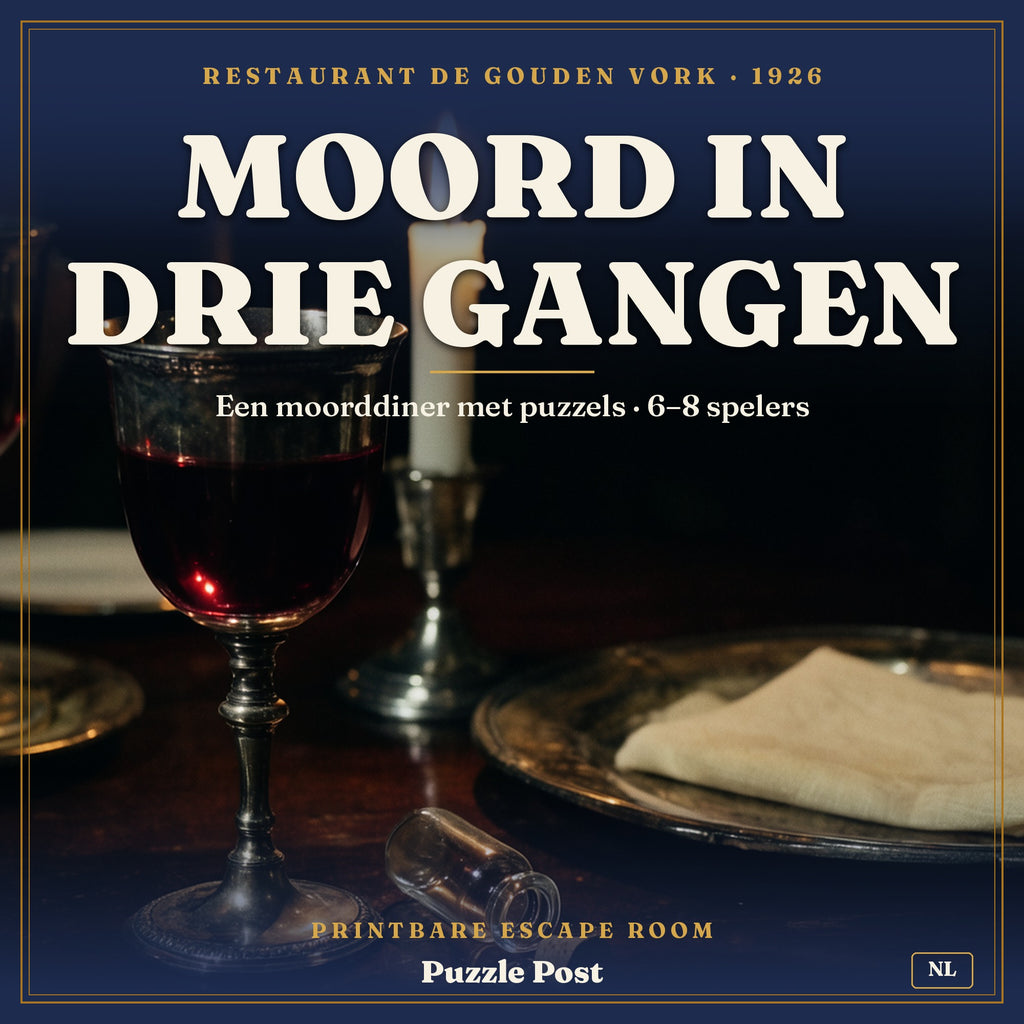 Voorkant van Moord in Drie Gangen: zilveren bokaal met rode wijn bij kaarslicht naast een leeg gifflesje, printbaar moorddiner voor 6 tot 8 spelers, 16+