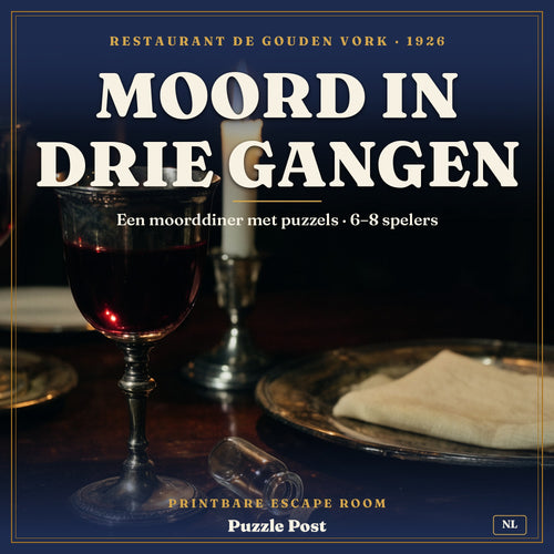 Voorkant van Moord in Drie Gangen: zilveren bokaal met rode wijn bij kaarslicht naast een leeg gifflesje, printbaar moorddiner voor 6 tot 8 spelers, 16+