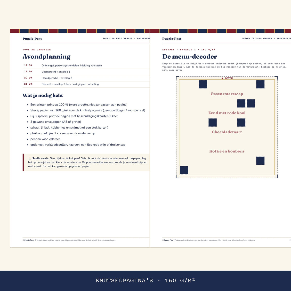 Knutselpagina's van Moord in Drie Gangen: avondplanning met benodigdheden en de menu-decoder om uit te knippen, print op 160 g/m²