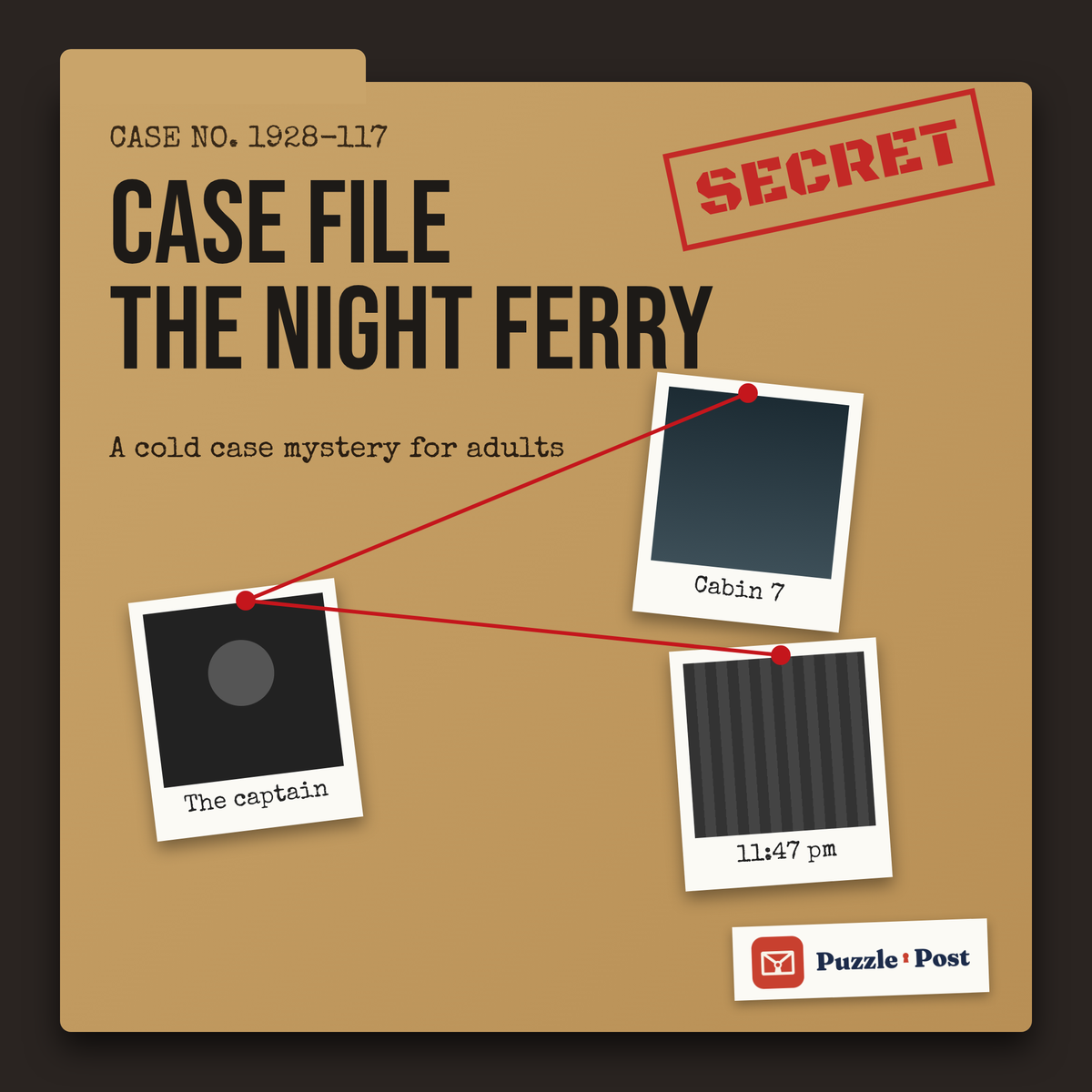 Case File: The Night Ferry – English edition, case file cover with polaroids and red string