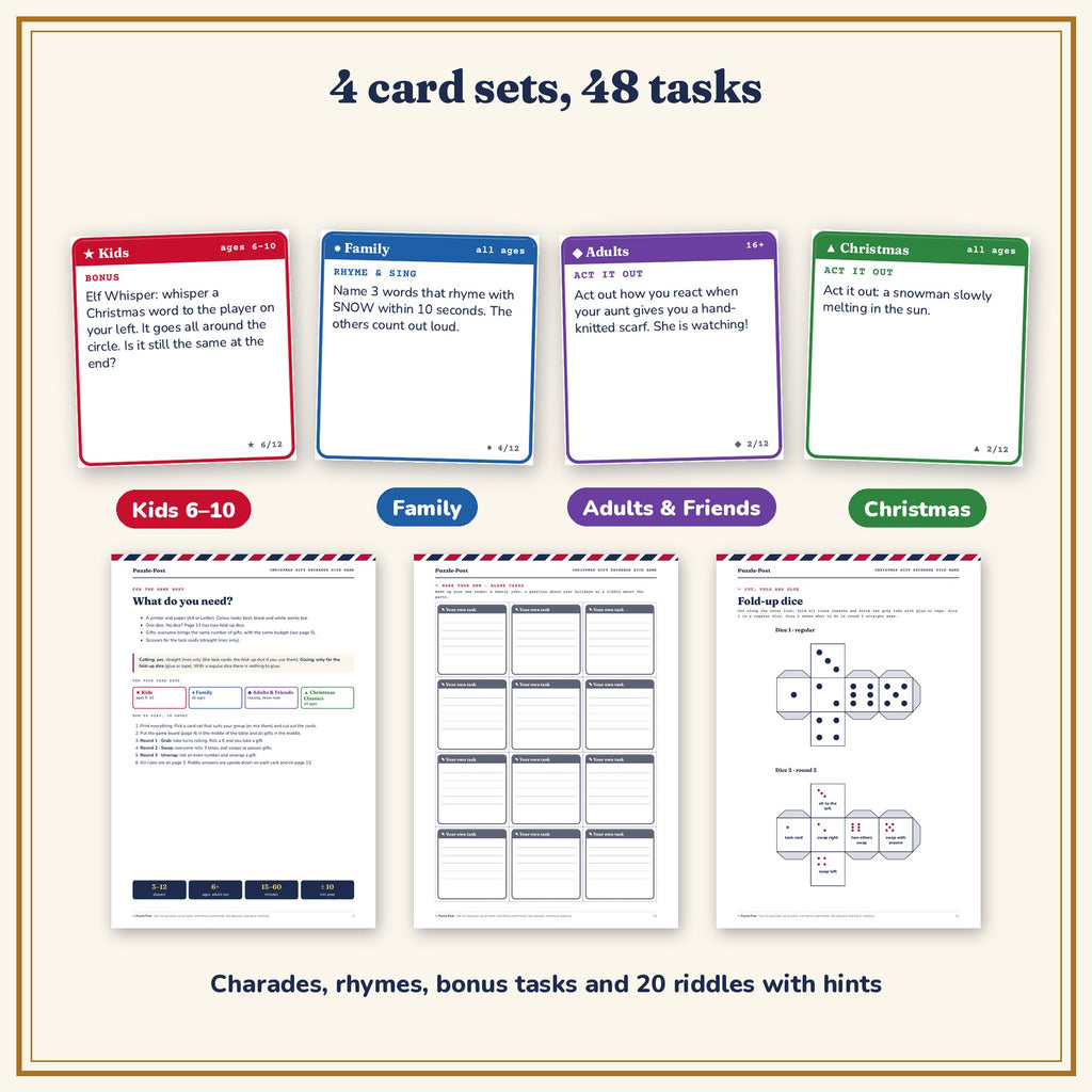 Christmas Gift Exchange Dice Game – 4 card sets Kids, Family, Adults & Friends and Christmas Classics with 48 task cards, plus rules, blank cards and fold-up dice