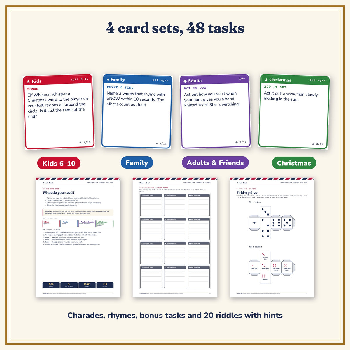 Christmas Gift Exchange Dice Game – 4 card sets Kids, Family, Adults & Friends and Christmas Classics with 48 task cards, plus rules, blank cards and fold-up dice