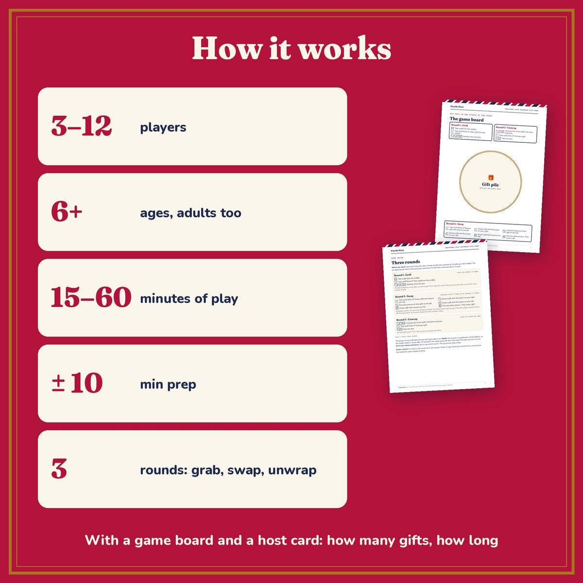 How to play the Christmas Gift Exchange Dice Game – 3–12 players, ages 6+, 15–60 minutes, about 10 minutes prep, 3 rounds: grab, swap, unwrap