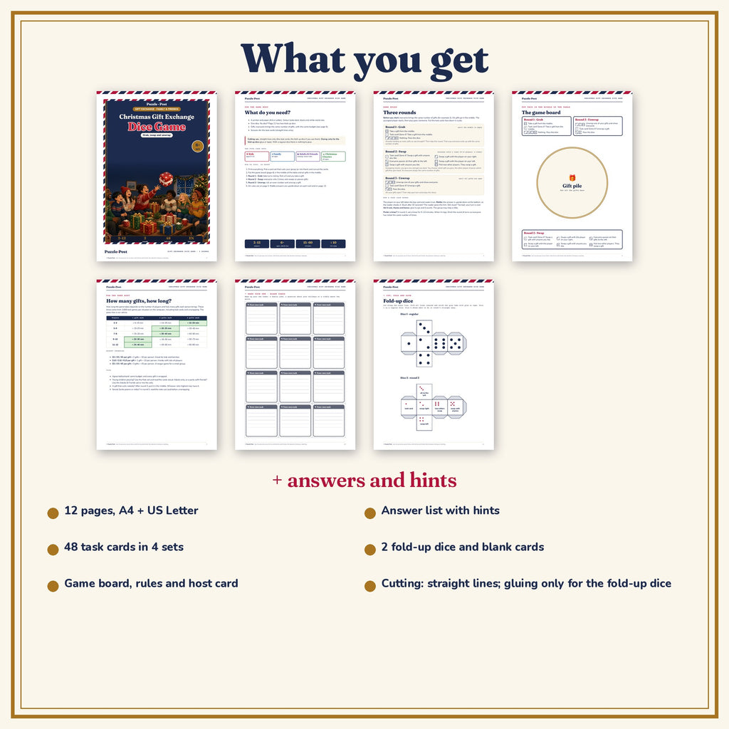 What you get with the Christmas Gift Exchange Dice Game – 12 pages in A4 and US Letter: game board, rules, host page, task cards, fold-up dice and answers