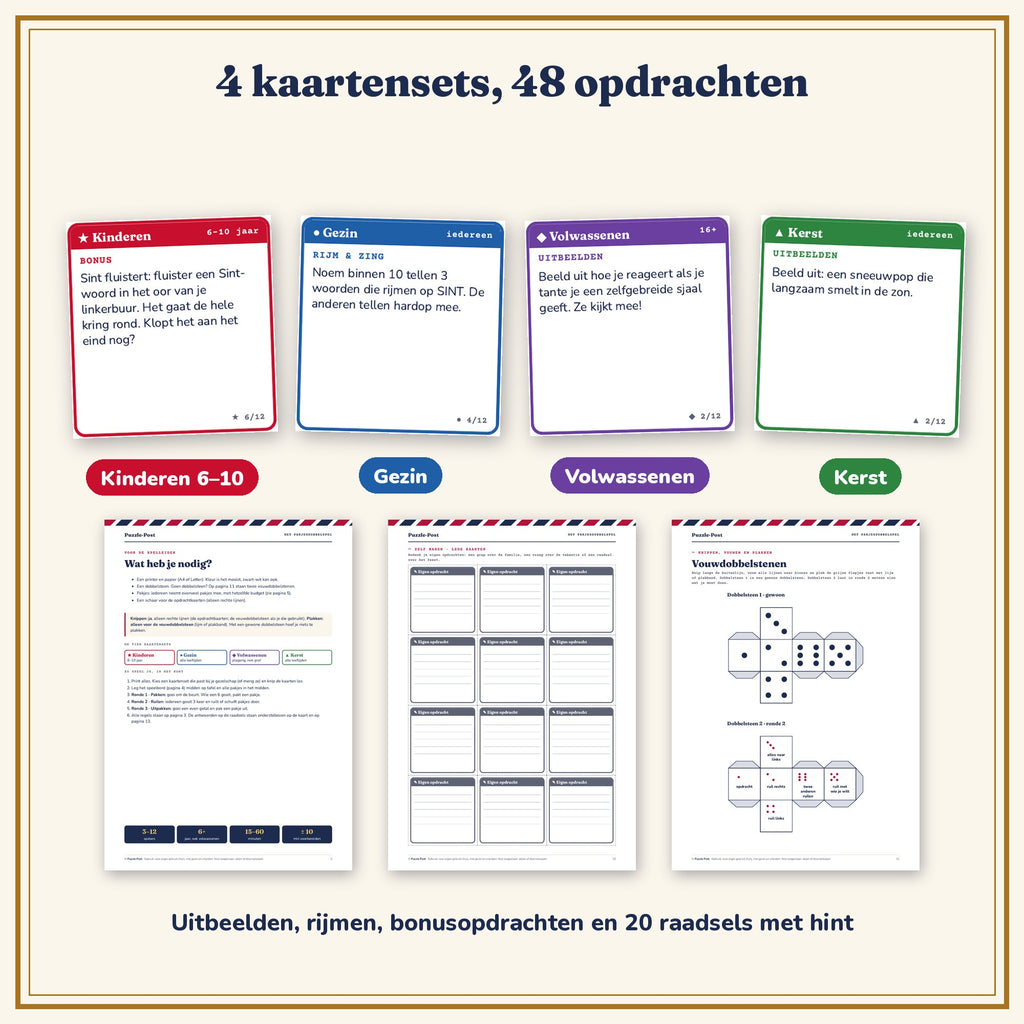 Het Pakjesdobbelspel – 4 kaartensets Kinderen 6–10, Gezin, Volwassenen en Kerst met 48 opdrachtkaarten, plus speelregels, lege kaarten en vouwdobbelstenen