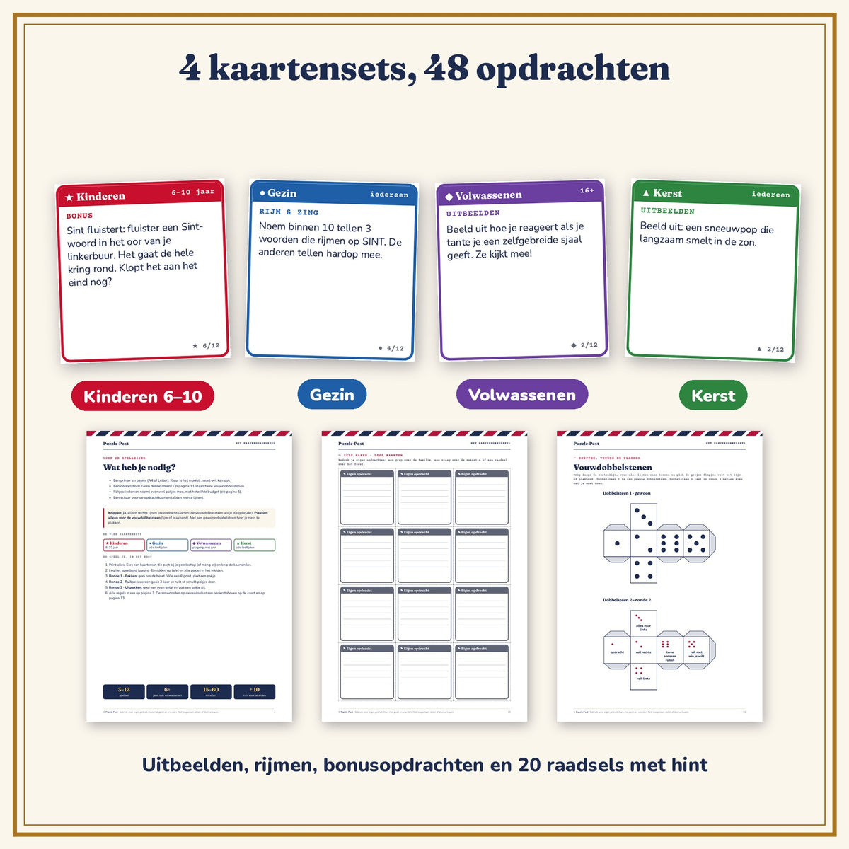 Het Pakjesdobbelspel – 4 kaartensets Kinderen 6–10, Gezin, Volwassenen en Kerst met 48 opdrachtkaarten, plus speelregels, lege kaarten en vouwdobbelstenen