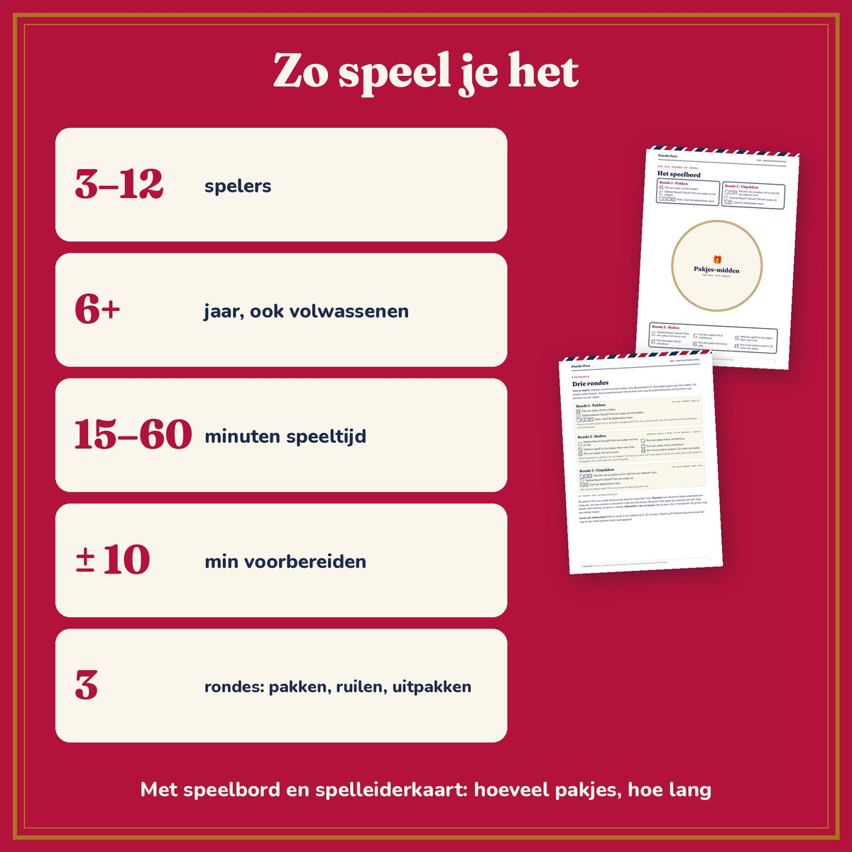 Zo speel je Het Pakjesdobbelspel – 3–12 spelers, vanaf 6 jaar, 15–60 minuten, ca. 10 minuten voorbereiden, 3 rondes: pakken, ruilen, uitpakken