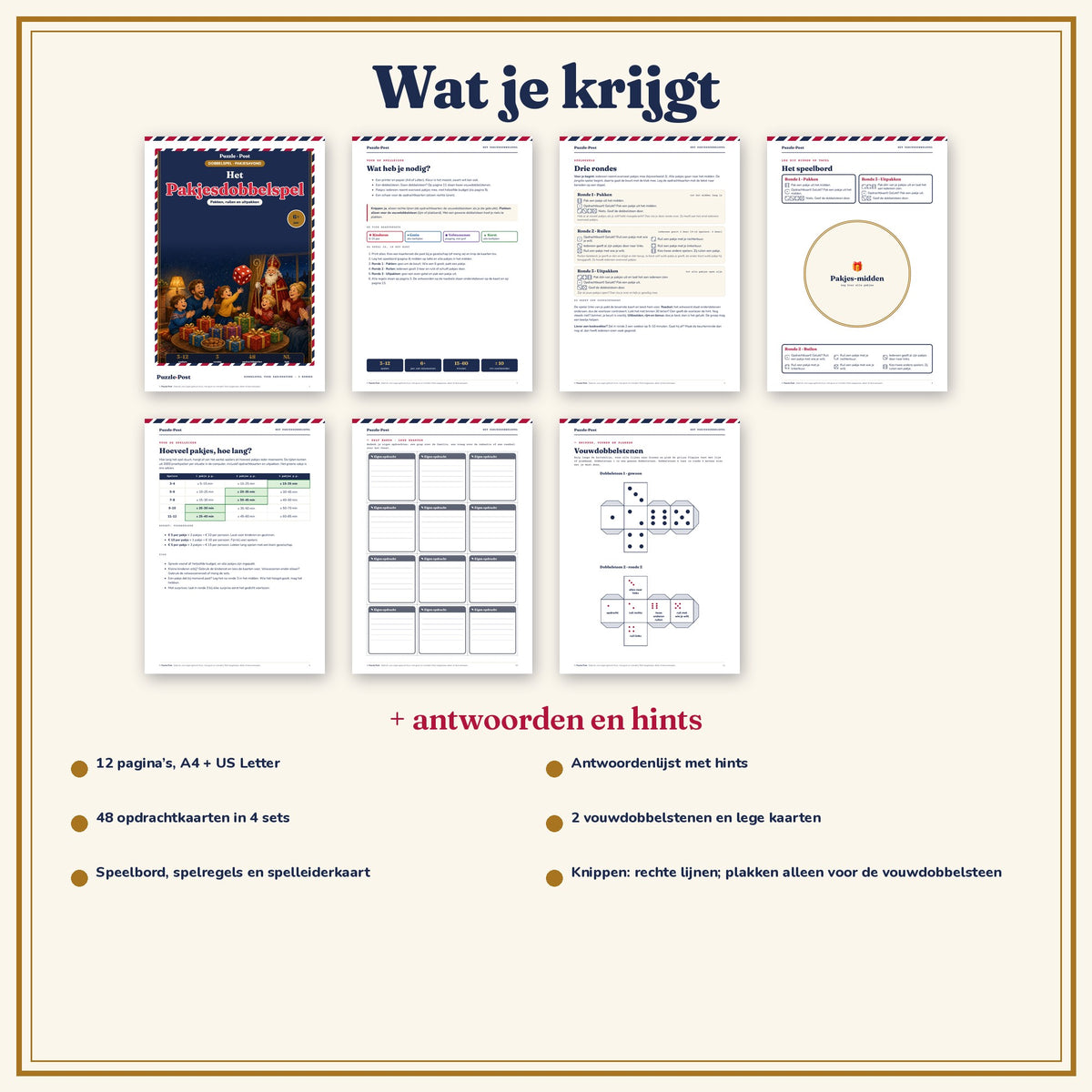 Wat je krijgt bij Het Pakjesdobbelspel – 12 pagina’s in A4 en US Letter: speelbord, spelregels, spelleiderkaart, opdrachtkaarten, vouwdobbelstenen en antwoorden