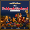 Het Pakjesdobbelspel – printbaar Sinterklaas dobbelspel met opdrachtkaarten voor pakjesavond, geïllustreerde omslag met een gezin, Sinterklaas en een dobbelsteen