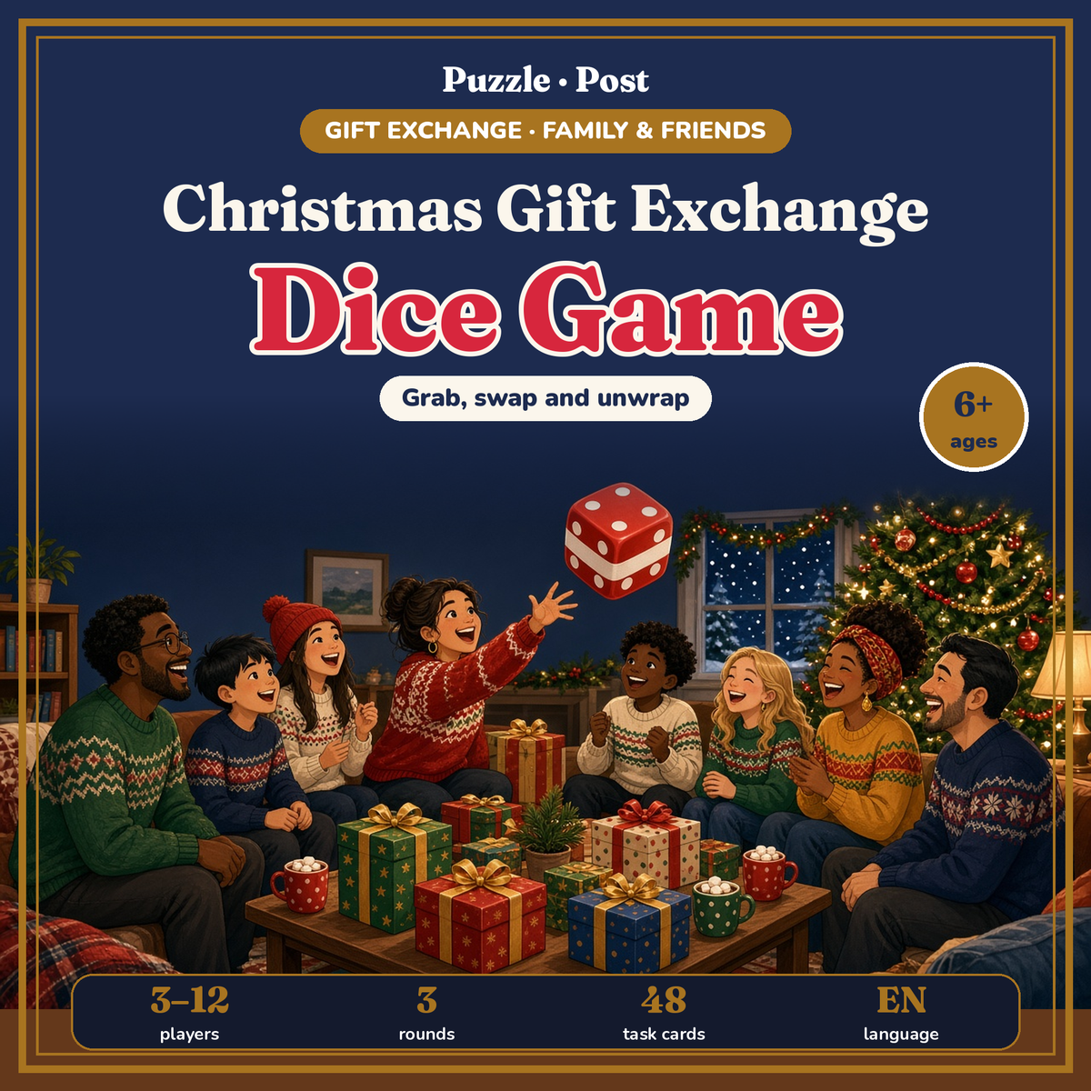 Christmas Gift Exchange Dice Game – printable Christmas party game with task cards, illustrated cover with wrapped gifts and a dice