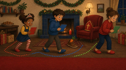 The Gift Hunt – mood image: children searching the living room for presents